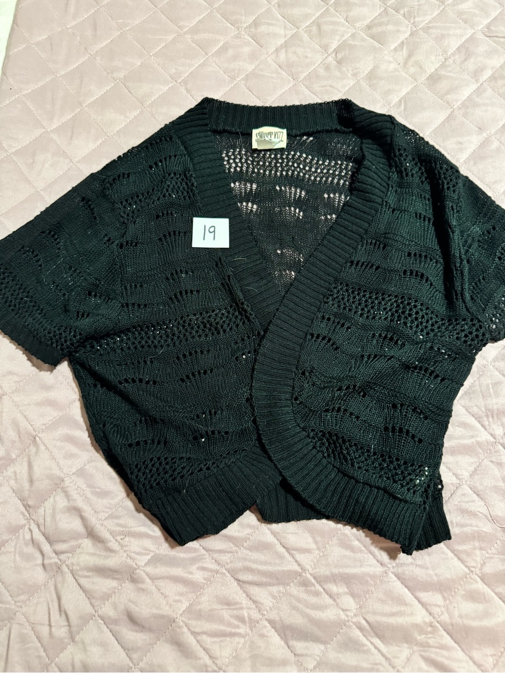 Black Short Sleeve Open Knit Cardigan Sweater -
